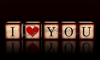 I love you with red heart in 3d wooden cubes