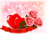 Valentine`s day background. Three red roses with two hearts and 