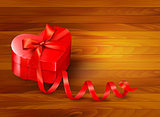 Holiday background with gift red box and red ribbon. Vector illu