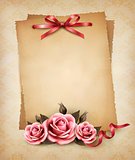 Retro background with beautiful pink rose and old paper. Vector 