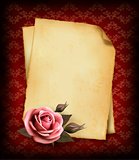 Retro background with beautiful pink rose and old paper. Vector 