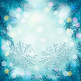 Christmas blue background with christmas tree branches and snowf