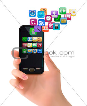 Hand holding mobile phone with icons. Vector 