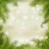Christmas retro background with christmas tree branches and snow