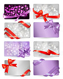 Set of beautiful gif cards with red gift bows with ribbons Vecto