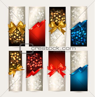 Set of colorful Gift cards with gift bows with ribbons. Vector