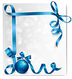 Holiday background with blue gift bow with gift ball. Vector ill