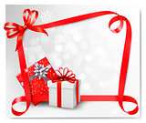 Holiday background with red gift bow with gift boxes. Vector ill