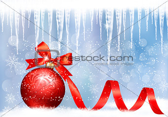Holiday background with red gift bow with gift ball. Vector illu