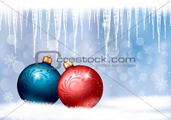 Holiday background with red gift bow with two gift ball. Vector 