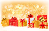 Christmas background with gift boxes and snowflakes. Vector illu