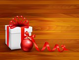 Holiday background with gift box and red ball. Vector illustrati