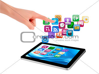 Hand holding touch pad pc and finger touching it screen pc. Vect