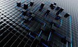 Abstract background from black metal cubes and blue wires