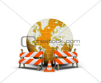 Website under construction with globe and barrier