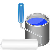 Paint roller and bucket with blue paint