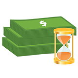 Time is money concept. Money icon. Money stack and golden hourglass.