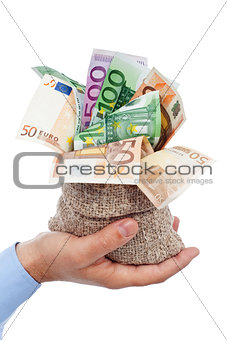 Euro banknotes in small burlap sack