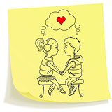 Sticky note with drawn teens couple in love