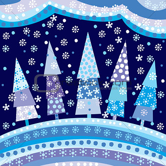 Background with Christmas trees and motifs under night sky