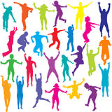 Set of colored people and children silhouettes jumping