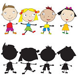 Set of doodle children and their silhouettes