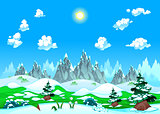 Landscape with snow and mountains.