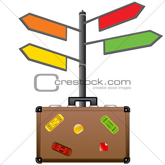 Street sign and travel suitcase. Tourism concept.