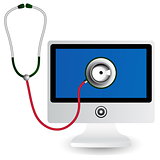 Monitor and stethoscope. Computer repair concept.