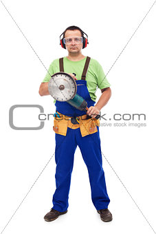 Worker with power tool