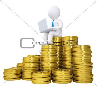 3d white man with a laptop sitting on the coins