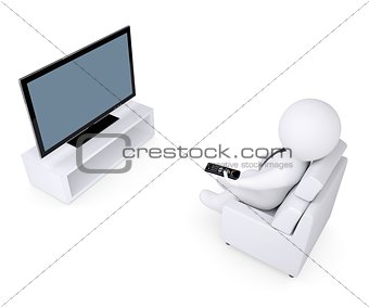 3d white human sitting in a chair and watching TV