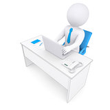 3d white human sitting at a table. Working at a laptop