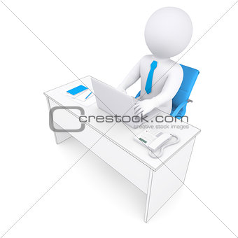 3d white human sitting at a table. Working at a laptop