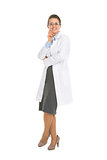 Full length portrait of happy oculist woman with glasses