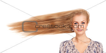 Woman with long blowing hair