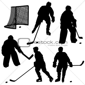 Set of silhouettes of hockey player. 