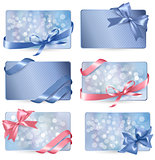 Set of colorful Gift cards with gift bows with ribbons Vector