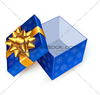 Opened blue gift box with golden ribbon. Vector illustration.
