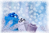 Christmas blue background with gift boxes and snowflake. Vector 