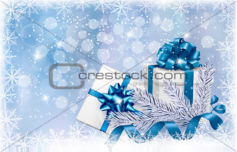 Christmas blue background with gift boxes and snowflake. Vector 