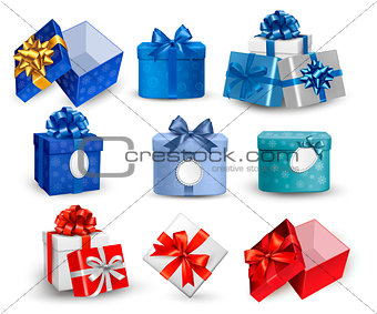 Set of colorful gift boxes with bows and ribbons. Vector illustr