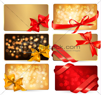 Set of beautiful gif cards with red gift bows with ribbons Vecto