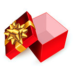 Open red gift box with golden ribbon. Vector illustration.