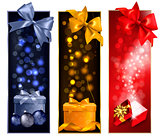 Three christmas banners with gift boxes and snowflakes. Vector i