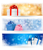 Set of winter christmas banners with gift boxes and snowflakes. Vector illustration