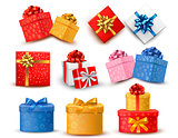 Set of colorful gift boxes with bows and ribbons. Vector illustration