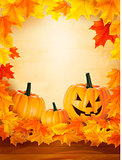 Pumpkin background with leaves. Halloween background. Vector.