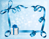 Holiday background with blue gift bow with gift boxes. Vector illustration.