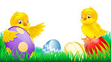 Cute yellow chicks and Easter eggs